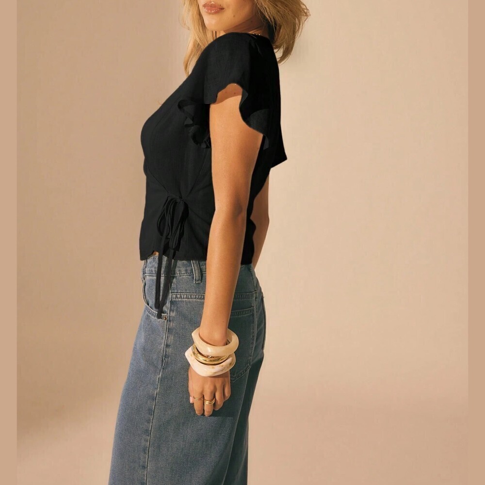 Black Wrap Front Blouse with Flutter Sleeves and Tie Waist - Picture 6 of 10